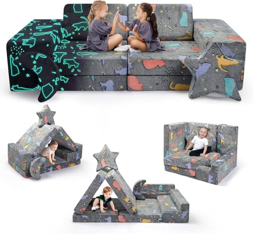 Divano convertibile per bambini, divano da gioco per bambini e poltrona, conforme alle normative europee (set di divani per bambini da 9 pezzi, colore luminoso))