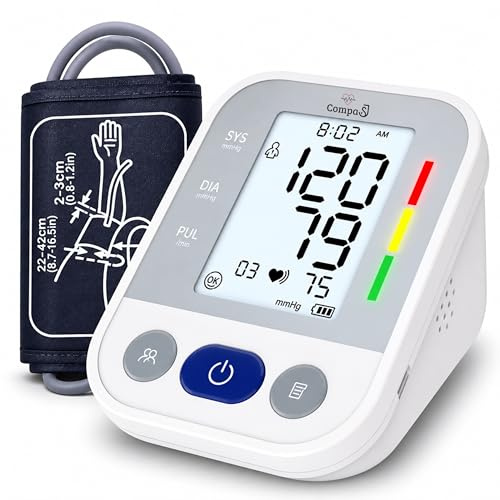 COMPASJ - Tensiómetro de brazo Monitor de Presión Arterial Digital Detección de Arritmia, Medición Precisa, Memoria hasta 99 lecturas, Brazalete Ajustable 22-42cm, para Mayores Familias. Incluye Pilas