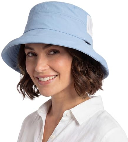 TOP-EX UVCoolix™ Cooling solhatt dam med hästsvans, sommar UPF 50 brett brätte fiskarhatt för UV-skydd, vattentät regnhatt, hinkhatt med hakrem, vikbar, utomhus safari, Ljusblå, L-XL