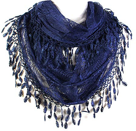 Scarf& Scarfand's Delicate Lace Infinity with Teardrop Fringes (Dark Blue)