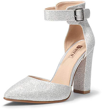 IDIFU Women's IN4 Pedazo High Block Heels Pumps Pointed Closed Toe Ankle Strap Dress Wedding Shoes (Silver Glitter, 10 M US)