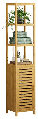 VIAGDO Hochschrank, Badezimmerschrank Bambus, Badschrank hoch mit 3 offene Fächern und Schrank, hoher Beistellschrank, Aufbewahrungsschrank, für Badezimmer, Flur, Küche, Wohnzimmer