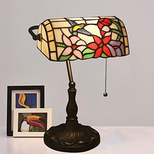BOTOWI Aufrechte Klavierlampe Tiffany Stil Mit Reißverschlussschalter Tischlampe 10 Zoll Farbiges Glas Vogel Blume Banker Schreibtischlampe Für Arbeitsplätze Schlafzimmer