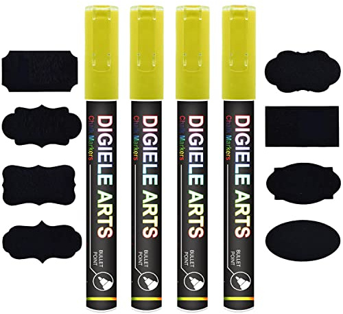 DIGIELE kritpenna gul, 4 stycken gula kritpennor 3 mm + 16 tavlor, vändbar, tunn eller medelspets, torr eller fuktig avtorkbar flytande krita för whiteboard, tavlor, fönster och glas