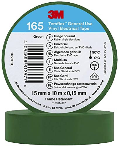 3M Temflex™ 165 165GR1E - Nastro isolante Temflex™ 165, 10 m x 15 mm, colore: Verde