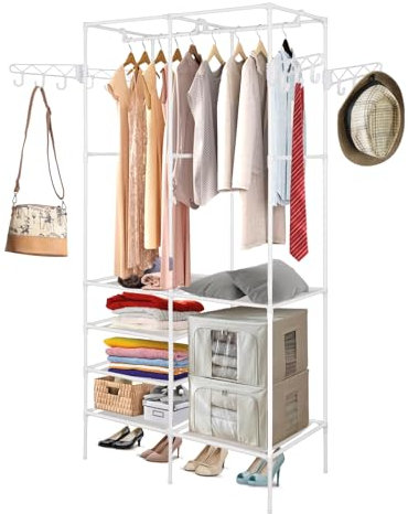 Youyijia Kleiderständer mit Ablagen Haken Schuhablage Kleiderstange Multifunktional Garderobenständer aus Metall Standregal mit Hängeregal Offener Kleiderschrank Kleiderständer Stabil Weiß