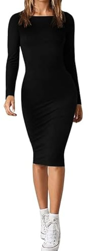 SHADOW DANCE UK Women's Sexy Bodycon Long Sleeve Round Neck Work Office Midi Pencil Dress - Slim Fit Solid Ribbed Knit Midi Pullover Dresses - Club Party Pencil Dresses Black_ML