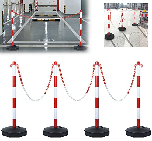 LZQ 4 Stück Absperrpfosten Kettenpfosten mit 4 Absperrkette aus Kunststoff, Kettenständer Set mit Kunststoffkette für Verkehrskontrolle und Warnung, Rot und Weiß, 82 x 28 x 28 cm