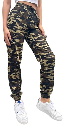 Nuofengkudu Joggers Camuflaje Pantalon Deportivo Mujer Elastico Cintura Alta con Cordon Cargo Bolsillos Tobilleros Harem Pantalones de Chándal Deporte Adolescente Jogging Casual Verde M