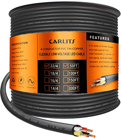 CARLITS Cable Eléctrico de 4 Conductores de Calibre 22 4x0,3mm², 15,24M Cable Trenzado Negro de Bajo Voltaje 22/4 Caja de PVC, Cable de Alimentación de Extensión Flexible para Lámpara LED