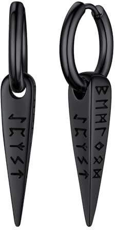 FaithHeart Viking Runes Spike Earrings for Men Black Norse Mythology Drop Earrings Vintage Runic Dangle Huggie Hoop Earrings Gifts for Dad Brother