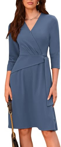 GRACE KARIN Robe d'automne pour femme, manches 3/4, col en V, robe de travail et de bureau avec cravate, Gris/bleu, L