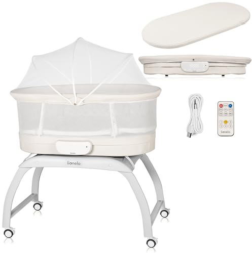 Lionelo Coral 3-i-1 barnsäng upp till 9 kg, vagga, babyvåg, 5 gunghastigheter, 12 melodier, 4 rullar, ergonomisk madrass, timer, fjärrkontroll, myggnät