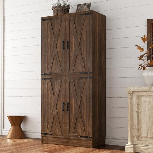 Unikito 71 Farmhouse Kitchen Pantry Storage Cabinet with Barn Doors, Adjustable Shelves & Drawer Organizer, Versatile Tall Storage Cupboard for Dining Room, Bathroom, Utility Room, Weathered Brown