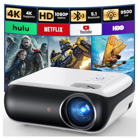 Mini Proiettore 4K, HAPPRUN H1 Videoproiettore Portatile 1080P Full HD Bluetooth 5.1 Projector da Esterno Compatibile con HDMI/TV Stick/USB/PS5/Laptop