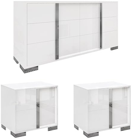 AMERLIFE 3 Piece Bedroom Set, Two 23.6 Nightstands & 6-Drawer Dresser, Silent Glide Drawers & Metal Handles, Modern High Gloss UV Finish, Dresser Set for Bedroom, White