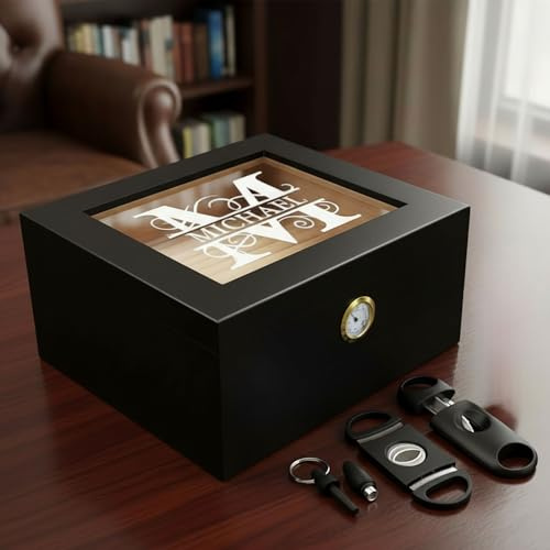 Custom Engraved Glass Top Humidor | Personalized Laser Engraving for Cigars | Produced in USA, Texas | Cedar | Gift for Him, Fathers Day, Corporate Gift