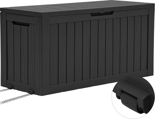 YITAHOME Scatola portaoggetti da esterno con ruote, scatola in plastica da 270 l, baule da giardino impermeabile per cuscini, strumenti e forniture per piscina, chiudibile, effetto legno sintetico