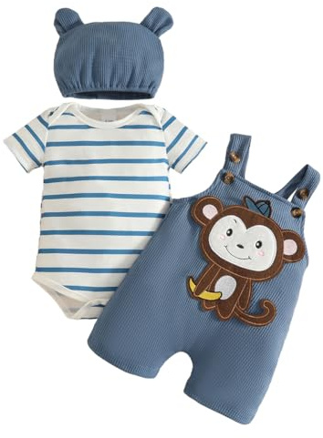 JENJON Babypojkar overall, set, kläder, kortärmad randig topp + sött djurtryck, hängslen + mössa, 3 delar, sommaroutfit 0–18 månader, 3-6 månader