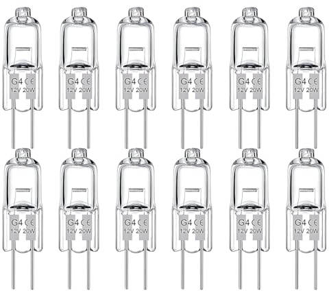 12 V 20 W G4 halogenglödlampa, förpackning med 12 stycken, 12 volt 20 watt halogenlampa, varmt vitt ljus 2800 K, 360 graders utstrålningsvinkel, kompatibel med infälld spotlight, taklampa, bord