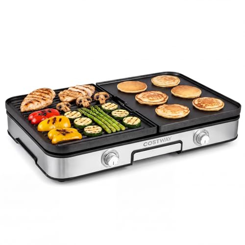 COSTWAY Plancha Cocina 3 en 1, Parrilla Eléctrica 2000W con 2 Placas Reversibles, Temperatura Ajustable y Control Independiente, Superficie Antiadherente, Grill Barbacoa Interior Exterior Picnic
