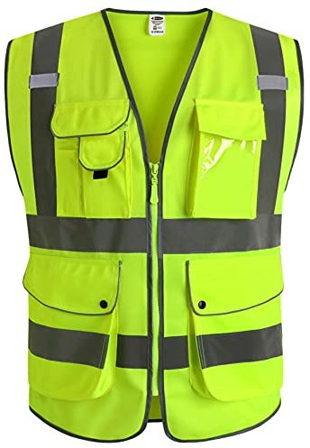 JKSafety 9 Pockets Class 2 High Visibility Zipper Front Safety Vest With Reflective Strips, Yellow Meets ANSI/ISEA Standards (Medium, Yellow)