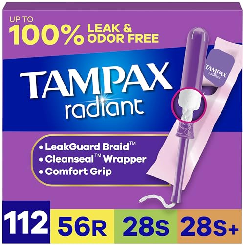 Tampax Radiant Tampons for Women Multipack, with LeakGuard Braid, Regular/Super/Super Plus Absorbency, Unscented, 112 Count (4 Packs of 28), Packaging May Vary