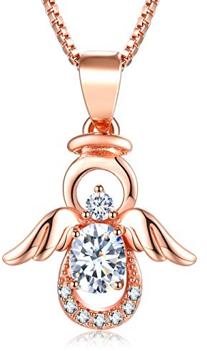 Qings Collier ange gardien en argent sterling 925 avec pendentif en forme d'ange doré avec zircone scintillante Cadeau d'anniversaire pour femmes et filles, Oxyde de Zirconium