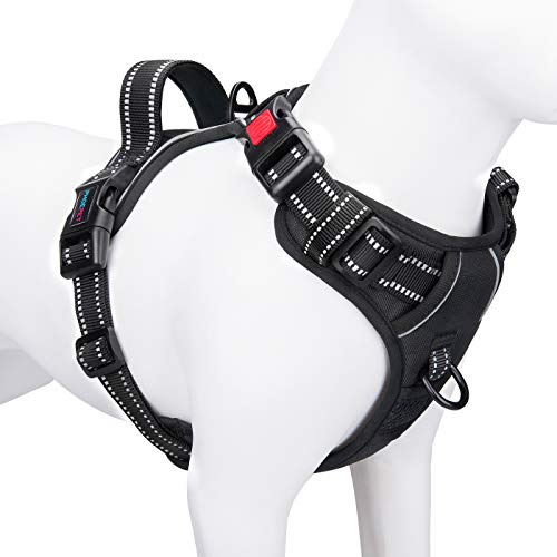Phoepet Imbracatura anti-tiro per cani, riflettente, regolabile, con manico per allenamento, scomparto per badge, 2 ganci in metallo, 3 fibbie a scatto, facile da indossare e rimuovere, XS, nero