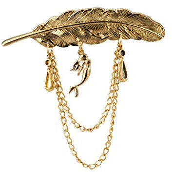 Broche pour homme en forme de plume dorée avec chaîne de suspension et détails sirène, pour manteau, costume, cadeau de mariage, fête, col de chemise, accessoires, Métal