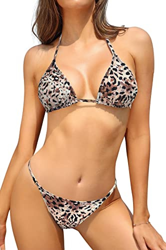 SHEKINI Maillots de Bain 2 Pièces pour Femme Bikini Rembourré Classique Réglable Halter Triangle Top de Bikini de Plage avec Taille Basse Brésilien String Bas de Bikini (Imprimé Léopard Métallisé,XS)