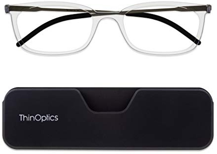 ThinOptics Connect Ultra-Thin Reading Glasses 1.00 Clear Frames - Magnetic Case Attaches to Phone - +1.0 Strength Rectangular Readers - Unisex for Men & Woman