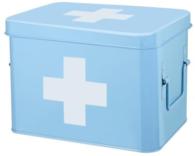 Flexzion Large Metal First Aid Box Empty, 8.5-Inch, Blue with White Cross
