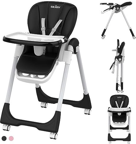 Baby-Hochstuhl für Babys & Kleinkinder mit 4 Rädern, für 6 Monate-3 Jahre, bis zu 110 LBs/50kg, abnehmbares Tablett, verstellbare Rückenlehne Fußstütze Tablett Positionen Sitzhöhen, selbststehend