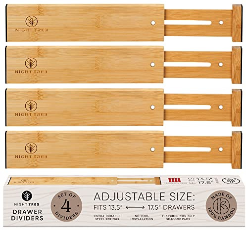 Night Tree Expandable Bamboo Drawer Dividers – Spring-Loaded Wooden Organizers for Clothes, Kitchen Utensils, Bathroom, and Dresser Drawers (13.5 to 17.5)