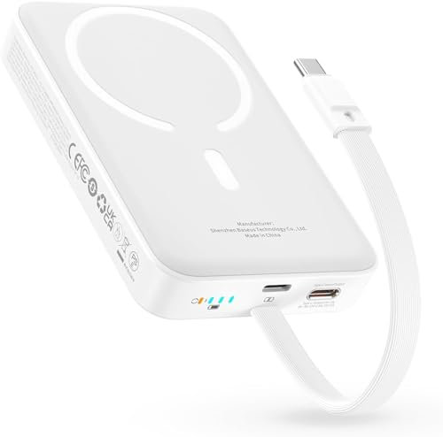 Baseus Magsafe Powerbank PD 30W, 10000mAh Magnetische Externe Batterie mit Integriertem USB-C Kabel (EIN/Aus) für iPhone 15/14/13/12 Serie, Mini Power Bank, Klein Aber Leistungsstark, Weiß