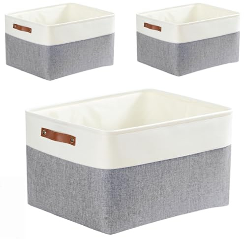 Mangata Fabric Storage Boxes, Thickened Canvas Storage Baskets with Handle for Shelves, Clothes Toys(L, Grey/White, without Drawstring,3 Pcs)