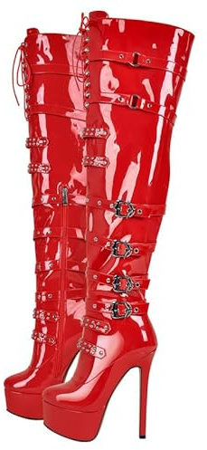 blingqueen Women's Platform Thigh High Boots with Zipper Stiletto Heel Over The Knee High Boots Lace Up Punk Motorcycle Boots Buckles Chains Rivets Ornamented Long Shaft Sock Boots Red Size 11