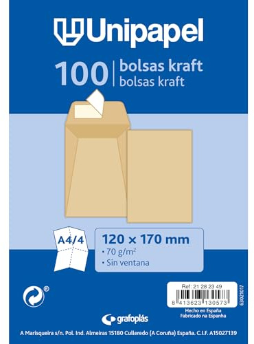 Unipapel - Pack 100 Sobres Papel Kraft 70g, 120x170mm, Bolsa Cierre Recto con Tira Autoadhesiva Silicona Autodesk, Apertura Superior, Elegante Papel Verjurado, Ideales para Documentos de Oficina