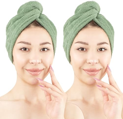 Hammetex 2er Set Badehandtuch 100% Baumwolle, Flauschig Saugstark und Schnelltrocknend, Handtuch mit Knopf für Haare, Damen, Salbei Grün