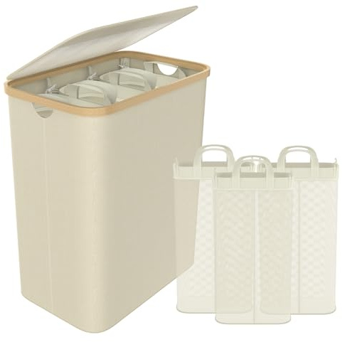 Aufun Wäschekorb 3 Fächer mit Deckel 140L zur einfachen Trennung, Wäschesack Wäscheboxen Wäschetonne Wäschesortierer mit Griffen Laundry Baskets Wäscheschrank für Waschküche, Schlafzimmer- Beige