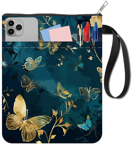 CRASPIRE Housse de Protection pour Livre en Tissu avec Papillons Dorés Protection pour Livre Carnet de Notes avec Fermeture Éclair et Pochette Supplémentaire pour les Amoureux des Livres Sac Étanche