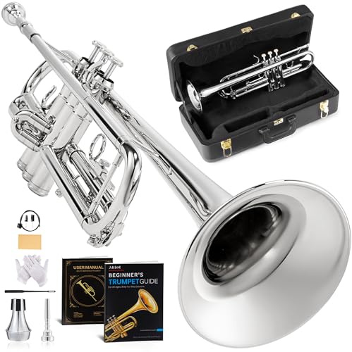 AKLOT Hand-Hammered Bell Bb Trumpet: Smooth Valve Action, Clear-Lacquered Brass Body, Standard Trumpet Beginner Set with Leather Case, Lesson Book, Trumpet Mute, Mouthpiece, Cleaning Kit (SNR-BrzSS)