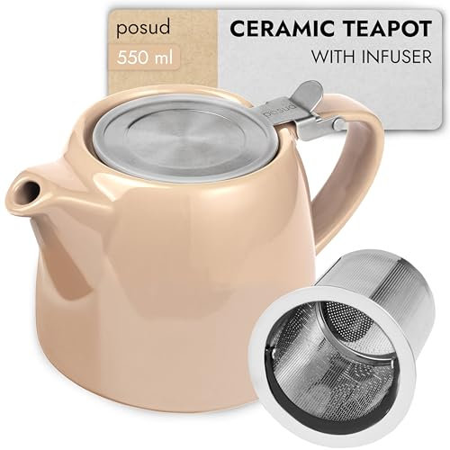 posud Teapot with Infuser – Ceramic Teapot with Strainer for 2 Cups – 550ml Small Tea Pot Infuser for Loose Tea – Stump Tea Pot with Filter for Two (Sand)
