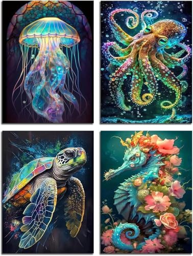 Mrnsiet 4 Pack Paint by Numbers for Adults,Ocean Themed Animals Paint by Numbers on HD Canvas,Marine Animals Painting by Numbers for Gifts and Home Decor 12X16 Inch