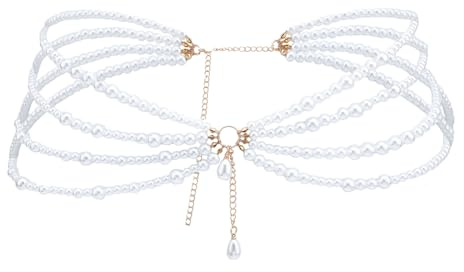 NICENEEDED Ceinture Chaîne Multicouche en Métal avec Grosses Perles Chaîne de Corps à Pompon en Perles Blanches pour Hanches et Ventre Ceinture de Taille Festival Rave pour Femme