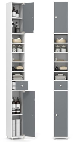 GIANTEX Armadio alto 20 x 20 x 180 cm, armadio da bagno sottile con cassetto, 2 ante e 5 ripiani aperti, armadio per bagno e soggiorno (5 ripiani, grigio + bianco)