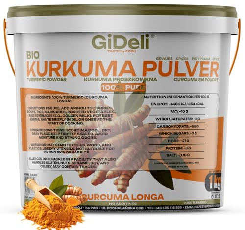 GiDeli Kurkuma Pulver 1kg im Eimer - Curcuma Gewürz fein gemahlen – ideal für Curry, goldene Milch, Smoothies - 100% naturtreu ohne Zusatzstoffe