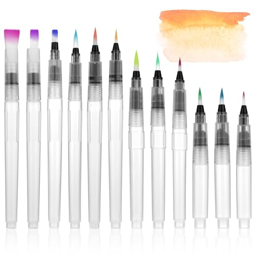 12 Pcs Watercolor Brush Pens, Water Color Brush Pen Set, Refillable Brushes Pen, Water Brushes Pens for Aquarelle, Gouache, Acrylics, Paints, Artists, Painting, Calligraphy