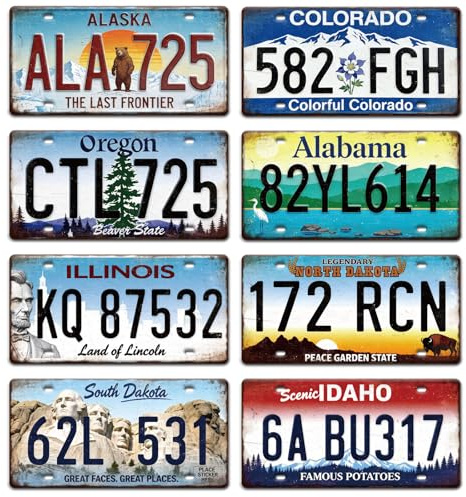 GLOBLELAND 8 Pcs Vintage License Plate Sign Sets 11.8x5.9 inch Vintage Metal Tin Signs License Famous Scenery Metal Car Plates Retro Wall Plaque Art for Man Cave Bar Pub Cafe Home Decor